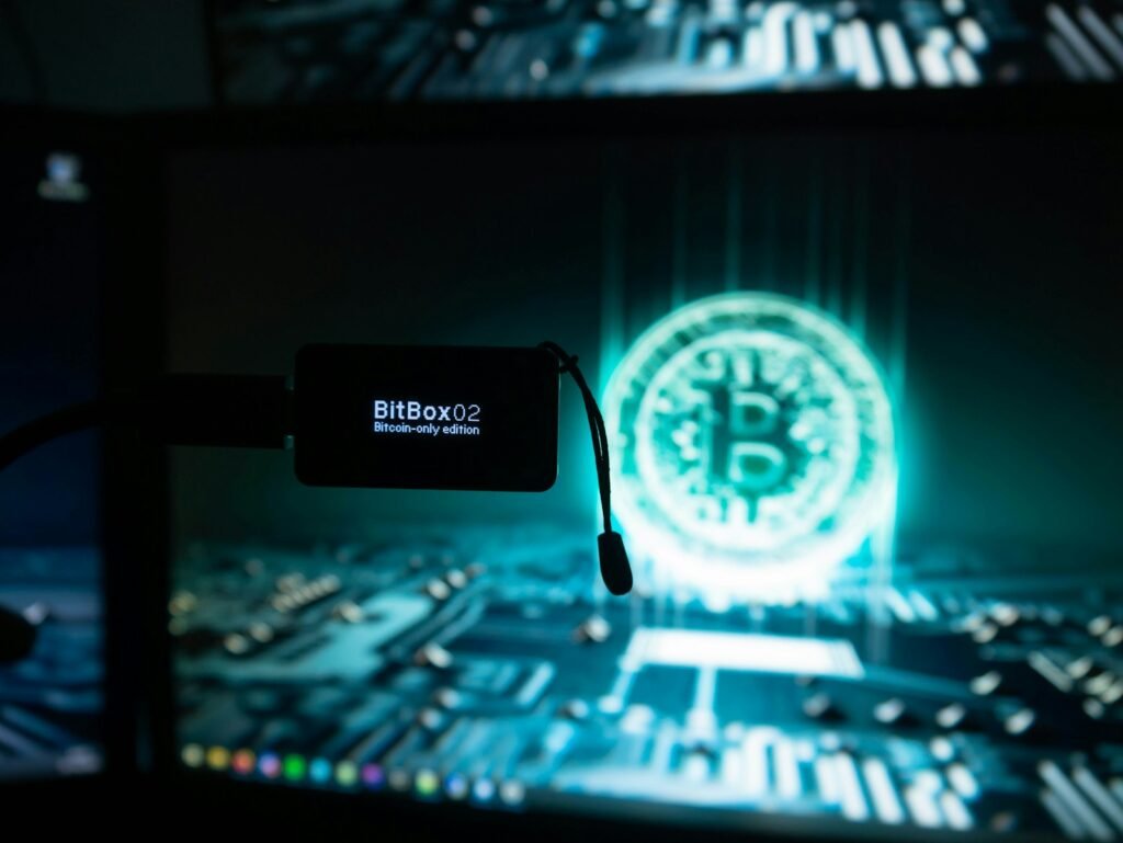 a bitcoin lit up on a computer screen