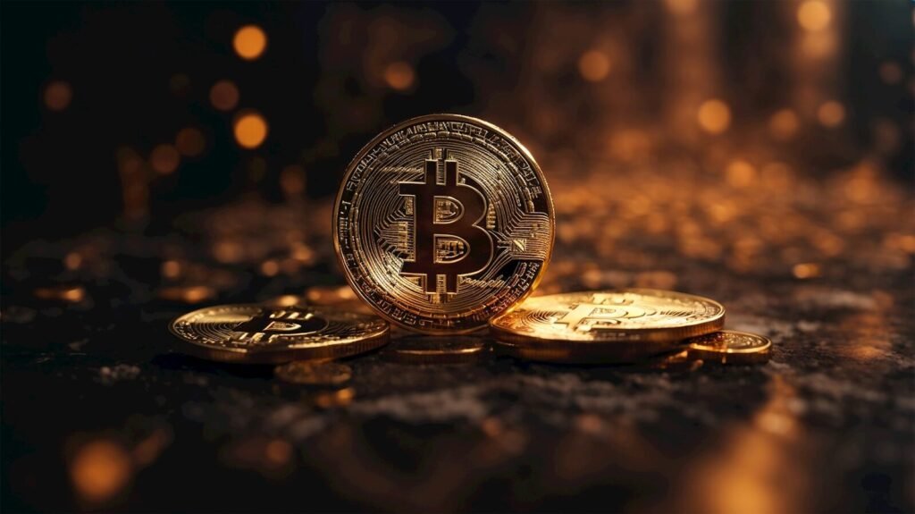 a bitcoin sitting on top of a pile of gold coins